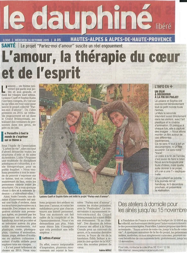 Article du Dauphiné Libéré du 14 octobre 2015 : « L’amour, la thérapie du cœur et de l’esprit »