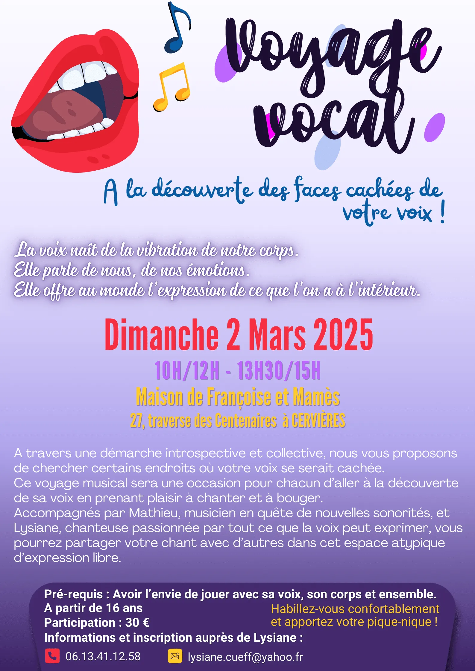 Affiche du stage « Voyage vocal », dimanche 2 mars 2025 à Cervières