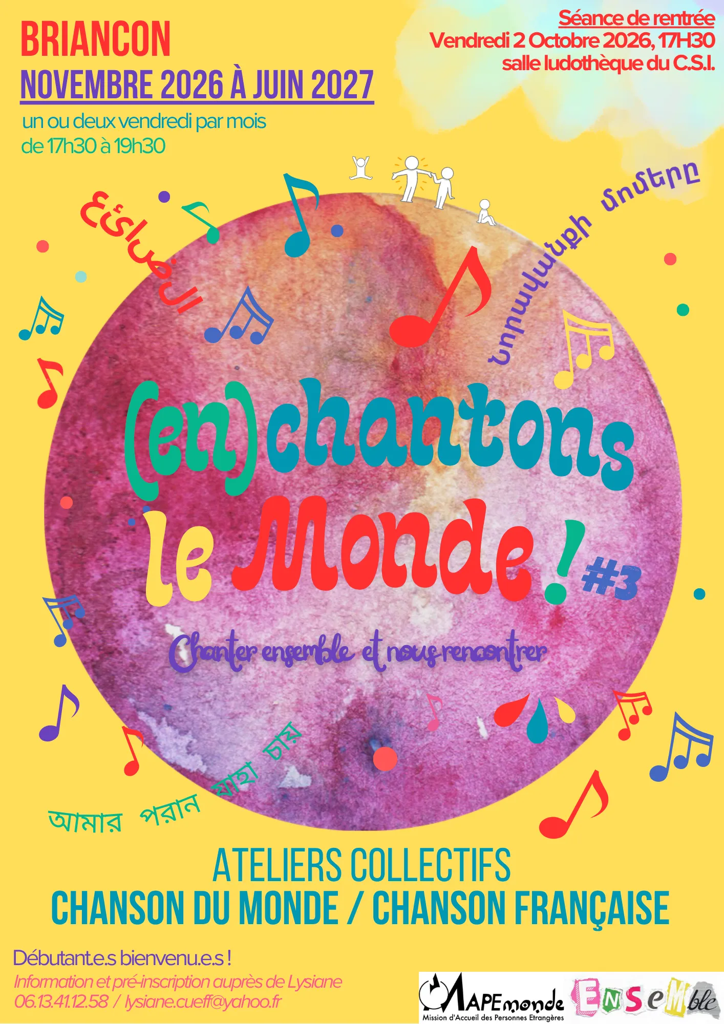 Affiche (en)chantons le monde #3 : ateliers collectifs de chanson du monde et de chanson française à Briançon, de Octobre 2026 à Juin 2027